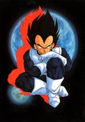 Rule 34 | 1990s (style), 1boy, armor, black eyes, black hair, boots, dragon ball, dragonball z, drop shadow, full body, gloves, highres, knee up, looking at viewer, male focus, non-web source, official art, planet, retro artstyle, saiyan, saiyan armor, serious, sitting, solo, space, vegeta, white footwear, white gloves, widow&#039;s peak