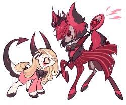 Rule 34 | 1boy, 1girl, absurdres, alastor (hazbin hotel), animal ears, animalization, antlers, black bow, black bowtie, black eyes, black hair, blonde hair, blush stickers, bow, bowtie, charlie morningstar, closed mouth, coat, colored sclera, colored skin, curly hair, deer, deer antlers, deer ears, deer tail, demon girl, demon horns, demon tail, eyeshadow, eyewear strap, from side, full body, grey skin, hazbin hotel, highres, hooves, horns, jacket, lightning bolt symbol, long hair, long sleeves, looking at another, low-tied long hair, makeup, meremero, microphone, monocle, my little pony, open mouth, pink jacket, pony (animal), red coat, red eyes, red eyeshadow, red hair, red sclera, shirt, short hair, simple background, striped coat, tail, traditional bowtie, vintage microphone, white background, white shirt, yellow teeth