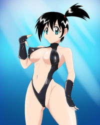 Rule 34 | 1girl, a.k.o.t., alternate color, black hair, breasts, center opening, covered erect nipples, creatures (company), game freak, green eyes, gym leader, highleg, highleg swimsuit, highres, misty (pokemon), navel, nintendo, one-piece swimsuit, pokemon, pokemon: the electric tale of pikachu, shiny clothes, short hair, side ponytail, solo, swimsuit, turtleneck