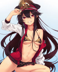 Rule 34 | 1girl, :d, absurdres, arm up, bikini, bikini skirt, black bikini, black hair, blue background, breasts, cleavage, collarbone, fate/grand order, fate (series), gradient background, grin, hat, head tilt, highres, ivan wang, jacket, leg up, long hair, long sleeves, looking at viewer, medium breasts, nail polish, navel, oda nobunaga (fate), oda nobunaga (koha-ace), oda nobunaga (swimsuit berserker) (first ascension) (fate), oda nobunaga (swimsuit berserker) (second ascension) (fate), off shoulder, open clothes, open jacket, open mouth, peaked cap, pink nails, red eyes, single bare shoulder, smile, solo, spread legs, stomach, swimsuit, teeth, thighs, unbuttoned, underboob, v-shaped eyebrows, very long hair