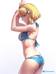 Rule 34 | 1girl, alternate costume, arms up, ass, bikini, blonde hair, blue bikini, braid, breasts, commentary, crown braid, drop earrings, earrings, english commentary, etchimune, from side, green eyes, hair ornament, jewelry, looking at viewer, looking to the side, nintendo, pointy ears, princess zelda, profile, simple background, small breasts, smile, solo, swimsuit, the legend of zelda, the legend of zelda: tears of the kingdom, twitter username, x hair ornament