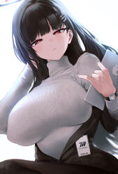 Rule 34 | 1girl, absurdres, black hair, black jacket, black pantyhose, black skirt, black suit, blue archive, blush, breasts, formal, hair ornament, hairclip, halo, highres, jacket, kazane-wind, large breasts, long hair, long sleeves, looking at viewer, miniskirt, off shoulder, pantyhose, parted lips, pleated skirt, red eyes, ribbed sweater, rio (blue archive), sitting, skirt, solo, suit, sweater, tablet pc, thighs, turtleneck, turtleneck sweater, very long hair, watch, white sweater, wristwatch