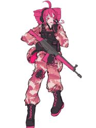 1girl absurdres ahoge battle_rifle black_footwear black_gloves boots brown_pants brown_skirt bulletproof_vest camouflage camouflage_pants camouflage_shirt candy candy_cane combat_boots combat_helmet corporalblake drill_hair earmuffs food gloves gun h&amp;k_g3 helmet highres holding holding_gun holding_weapon kasane_teto knee_pads long_hair long_sleeves pants red_eyes red_hair rifle scar scar_across_eye shirt simple_background skirt solo twin_drills utau weapon white_background white_footwear