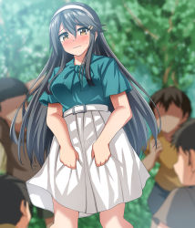 Rule 34 | 1girl, 4boys, absurdres, age difference, black hair, blurry, blurry background, blush, brown eyes, child, commentary request, commission, depth of field, dress, green shirt, hair ornament, hairband, hairclip, haruna (kancolle), highres, kantai collection, long hair, multiple boys, nose blush, official alternate costume, onee-shota, pixiv commission, pleated dress, shirt, skirt, skirt hold, standing, upper body, white hairband, white skirt, zanntetu
