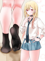 Rule 34 | 1girl, barbell piercing, black socks, blonde hair, blouse, blush, collared shirt, colored tips, ear piercing, feet, foot focus, hand on own hip, highres, industrial piercing, kitagawa marin, kneepits, long hair, looking at viewer, multicolored hair, necktie, oouso, piercing, red eyes, shirt, smile, socks, soles, solo, sono bisque doll wa koi wo suru, v, white shirt