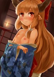 Rule 34 | 1girl, alternate costume, bad id, bad twitter id, blush, bow, breasts, fire, flat chest, floral print, hair bow, hair ornament, hair ribbon, horns, ibuki suika, inactive account, japanese clothes, kimono, lips, long hair, long sleeves, nipples, nishiuri, off shoulder, orange hair, parted lips, pointy ears, red eyes, ribbon, small breasts, solo, touhou, wide sleeves