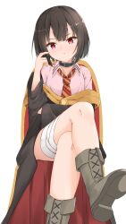 Rule 34 | 1girl, arm under breasts, bandaged leg, bandages, black choker, black cloak, black hair, blunt bangs, boots, choker, cloak, collared shirt, commentary request, crossed legs, double-parted bangs, eyelashes, feet out of frame, flat chest, foreshortening, grey footwear, hand up, head tilt, highres, kono subarashii sekai ni bakuen wo!, kono subarashii sekai ni shukufuku wo!, long sleeves, looking at viewer, megumin, necktie, no headwear, parted lips, partial commentary, pink shirt, red eyes, shirt, short hair, simple background, sitting, solo, straight-on, striped necktie, tamaguu, thighs, v-shaped eyebrows, white background, wide sleeves