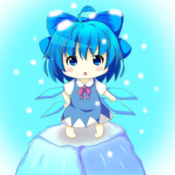 Rule 34 | 1girl, :o, ahoge, blue background, blue eyes, blue hair, blush stickers, bow, chibi, cirno, dress, female focus, hair bow, hand on own hip, ice, looking at viewer, lowres, matching hair/eyes, ribbon, rurikitsune, short hair, simple background, snow, snow on head, solo, standing on object, touhou, wings