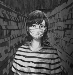 Rule 34 | 1girl, bright pupils, convenience store, greyscale, highres, indoors, looking at viewer, mask, monochrome, mouth mask, original, shirt, shop, short hair, solo, striped clothes, striped shirt, surgical mask, sweat, upper body, wataboku, white pupils