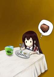 Rule 34 | 1girl, 2 fuel 4 ammo 11 steel, akagi (kancolle), bauxite, brown hair, bucket, fine art parody, fork, highres, i asked for scrambled, kantai collection, kimura shuuichi, long hair, muneate, parody, plate, solid oval eyes, solo, table, water