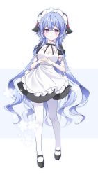 Rule 34 | 1girl, ahoge, alternate costume, apron, black bow, black footwear, blue hair, blush, bow, breasts, cleavage, enmaided, full body, ganyu (genshin impact), genshin impact, highres, horns, long hair, looking at viewer, maid, maid apron, maid headdress, mary janes, mattang, medium breasts, own hands clasped, own hands together, pantyhose, purple eyes, shoes, sidelocks, simple background, smile, solo, standing, white pantyhose