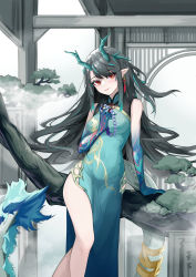 Rule 34 | 1girl, absurdres, arknights, arm support, bare shoulders, beads, black hair, blue dress, blue skin, blush, branch, breasts, closed mouth, colored skin, covered navel, dragon girl, dragon horns, dragon tail, dress, dusk (arknights), dusk (everything is a miracle) (arknights), earrings, feet out of frame, fog, gradient skin, green hair, head tilt, highres, holding, horns, jewelry, lipstick, long hair, makeup, multicolored hair, official alternate costume, pelvic curtain, pointy ears, red eyes, sidelocks, sleeveless, sleeveless dress, small breasts, smile, solo, standing, streaked hair, sue yanagi-san, tail, tassel, tassel earrings, two-tone hair, very long hair