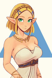 Rule 34 | 1girl, absurdres, bare shoulders, blonde hair, braid, breasts, commentary, dress, english commentary, french braid, green eyes, highres, jewelry, looking at viewer, medium breasts, necklace, nintendo, pointy ears, princess zelda, raichiyo33, short hair, sidelocks, solo, strapless, strapless dress, the legend of zelda, the legend of zelda: tears of the kingdom, triforce, white dress