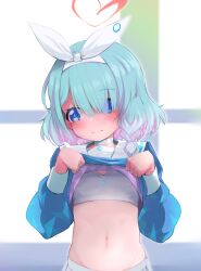 Rule 34 | 1girl, absurdres, arona (blue archive), blue archive, blue hair, blush, bow, bra, clothes lift, flat chest, hair bow, hair ornament, hair over one eye, highres, momo (higanbana and girl), multicolored hair, navel, shirt lift, solo, twitter, underwear, white bra