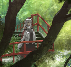 Rule 34 | 1girl, animal ears, black skirt, branch, detached sleeves, expressionless, fence, grey hair, hands in opposite sleeves, hat, inubashiri momiji, long hair, long skirt, looking ahead, multicolored clothes, multicolored skirt, nature, oubachiago, outdoors, pom pom (clothes), procreate (medium), red hat, red skirt, shirt, skirt, sleeveless, sleeveless shirt, solo, standing, tail, tokin hat, touhou, turtleneck, white shirt, wide sleeves, wolf ears, wolf tail, wooden fence