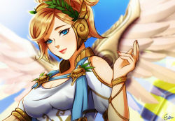 Rule 34 | 1girl, ancient greek clothes, artist name, blonde hair, blue eyes, blue sky, breasts, cleavage, commentary, day, dress, esther shen, feathered wings, head wreath, high ponytail, laurel crown, looking at viewer, mechanical wings, medium breasts, mercy (overwatch), official alternate costume, outdoors, overwatch, overwatch 1, peplos, pink lips, short hair, short sleeves, signature, sky, solo, spread wings, toga, upper body, white dress, winged victory mercy, wings, yellow wings