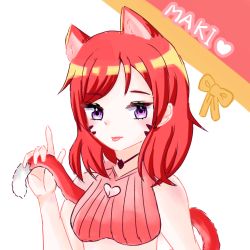 Rule 34 | 1girl, :p, animal ears, artist name, artist request, bare shoulders, blush, breasts, cat ears, cat tail, cleavage, cleavage cutout, clothing cutout, dress, facial mark, female focus, hair between eyes, heart, heart print, holding tail, jewelry, looking at viewer, love live!, love live! school idol project, medium breasts, necklace, nishikino maki, parted lips, pink shirt, purple eyes, red hair, shirt, short hair, smile, solo, striped clothes, striped dress, tail, tongue, tongue out, upper body, vertical-striped clothes, vertical-striped dress