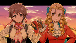 Rule 34 | 2girls, antenna hair, ascot, blonde hair, blue bow, bow, breasts, brown eyes, brown hair, clenched hand, cloud, cloudy sky, collared shirt, fingerless gloves, fist bump, gloves, hair between eyes, hair bow, hand on own hip, headband, headset, highres, jacket, kanzuki karin, kasugano sakura, letterboxed, long hair, long sleeves, looking at another, medium breasts, multiple girls, outdoors, pink scarf, red gloves, red headband, red jacket, ringlets, scarf, shirt, short hair, sky, smile, street fighter, street fighter v, sunset, underbust, upper body, white ascot, white shirt, x chitch