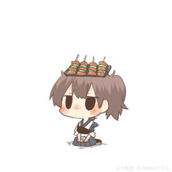 Rule 34 | 10s, 1girl, black eyes, blush, brown hair, chibi, food, food on head, kaga (kancolle), kantai collection, lowres, object on head, plate, rebecca (keinelove), short hair, side ponytail, sitting, solo, stick, yakitori