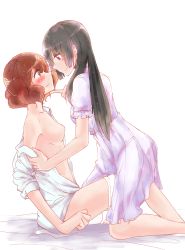 Rule 34 | 10s, 2girls, absurdres, bad id, bad pixiv id, black hair, blush, breasts, brown eyes, brown hair, dress, hand on another&#039;s chin, hibike! euphonium, highres, kousaka reina, looking at another, multiple girls, open clothes, open shirt, oumae kumiko, purple eyes, shirt, si ye, small breasts, smile, yuri