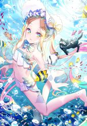 Rule 34 | 1girl, abigail williams (fate), abigail williams (swimsuit foreigner) (fate), abigail williams (swimsuit foreigner) (third ascension) (fate), bare shoulders, bikini, black cat, blonde hair, blue eyes, blush, bonnet, bow, breasts, cat, fate/grand order, fate (series), fish, forehead, hair bow, highres, legs, long hair, looking at viewer, miniskirt, navel, ocean, open mouth, parted bangs, sho (runatic moon), sidelocks, skirt, small breasts, smile, swimming, swimsuit, twintails, underwater, very long hair, white bikini, white bow, white headwear