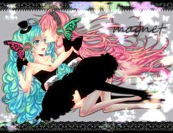 Rule 34 | 2girls, aqua eyes, aqua hair, butterfly hair ornament, butterfly wings, dress, fingerless gloves, gloves, hair ornament, hat, hatsune miku, headphones, insect wings, long hair, magnet (vocaloid), megurine luka, mini hat, mini top hat, multiple girls, pink hair, shizuki mio, top hat, twintails, vocaloid, wings, yuri