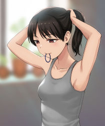 Rule 34 | 1girl, bare arms, black hair, breasts, brown eyes, closed mouth, collarbone, commentary request, hair tie in mouth, hashi, indoors, looking down, medium breasts, mouth hold, original, plant, short hair, smile, solo, tying hair