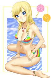 Rule 34 | 1girl, absurdres, bare arms, bare legs, bare shoulders, bikini, blonde hair, blue bikini, blue eyes, blush, breasts, candy print, cleavage, collarbone, commentary request, from side, gishu, green bikini, hair ornament, highres, idolmaster, idolmaster cinderella girls, jewelry, large breasts, long hair, looking at viewer, multicolored bikini, multicolored clothes, necklace, ohtsuki yui, parted lips, red bikini, sitting, smile, solo, swimsuit, water, wristband, yellow bikini