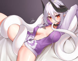 Rule 34 | 1girl, animal hands, arm up, blush, bottomless, breasts, breasts apart, bright pupils, buckle, collar, colored inner hair, grey background, grey jacket, hair between eyes, hand on own chest, highres, horns, jacket, large breasts, long sleeves, looking at viewer, lying, mouth hold, multicolored hair, naked jacket, navel, no bra, on back, open clothes, open jacket, original, partially unzipped, purple hair, red eyes, short hair, signature, silver hair, simple background, sleeves past wrists, snake tail, solo, spread legs, tail, thighs, two-tone hair, z.m. (zimin), zipper, zipper pull tab