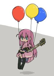 Rule 34 | 1girl, absurdres, ahoge, aqua eyes, balloon, black socks, blank stare, bocchi the rock!, chibi, commentary, english commentary, expressionless, floating, full body, gotoh hitori, grey background, guitar, hair between eyes, highres, holding, holding instrument, hugging own legs, instrument, jacket, jitome, kneehighs, knees up, long hair, long sleeves, medium skirt, no mouth, no pupils, no shoes, pink hair, pink jacket, plaid, plaid skirt, purple skirt, shade, shadow, simple background, sitting, skirt, sleeves past wrists, socks, solo, staring, tokiwa (914), track jacket, two-tone background, very long hair, white background