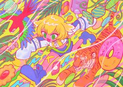 Rule 34 | 1girl, :3, :d, bird, blonde hair, blue footwear, candy, checkerboard cookie, colored tips, colorful, commentary request, cookie, denonbu, doughnut, food, from above, full body, green eyes, hair ears, highres, jacket, long sleeves, macaron, multicolored hair, open mouth, palm leaf, parrot, running, shoes, short hair, sleeves past fingers, sleeves past wrists, slit pupils, smile, solo, taiga lucia, tiger, wanowanoji67, white hair, white jacket