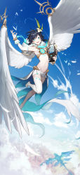 Rule 34 | 00suger001, 1boy, absurdres, androgynous, barefoot, black hair, blue hair, braid, bridal gauntlets, capelet, chest tattoo, cloud, cloudy sky, commentary, crop top, day, dvalin (genshin impact), elbow gloves, english commentary, feathered wings, flower, flying, genshin impact, gloves, gradient hair, green eyes, hair flower, hair ornament, highres, holding, holding instrument, hood, hood down, hooded capelet, instrument, leaf, looking at viewer, lyre, midriff, multicolored hair, navel, open mouth, outdoors, short hair with long locks, shorts, sidelocks, single thighhigh, sky, smile, solo, stirrup legwear, tattoo, thighhighs, toeless legwear, twin braids, venti (archon) (genshin impact), venti (genshin impact), white flower, white shorts, white wings, wings