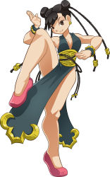 Rule 34 | 1990s (style), 1girl, alternate costume, arm up, armpits, bare legs, blush, breasts, brown eyes, brown hair, capcom, chun-li, cleavage, collarbone, double bun, dress, earrings, fighting stance, full body, hair bun, hair ornament, halterneck, jewelry, kin, lips, looking at viewer, mario grant, open clothes, parody, pelvic curtain, retro artstyle, sash, short hair, simple background, smile, solo, standing, standing on one leg, street fighter, street fighter ii (series), street fighter iv (series), studded bracelet, style parody, teeth, white background
