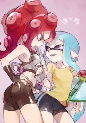 Rule 34 | 2girls, ass, at gunpoint, bike shorts, blue hair, breasts, eyebrows, fingerless gloves, gloves, green eyes, gun, gun to head, hand on own hip, height difference, holding, holding weapon, inkling, inkling girl, inkling player character, long hair, mask, medium breasts, midriff, multiple girls, nintendo, octoling, pink eyes, pointy ears, red hair, small breasts, soto, splatoon (series), splatoon 1, takozonesu, tentacle hair, thick eyebrows, unworn mask, weapon, wedgie