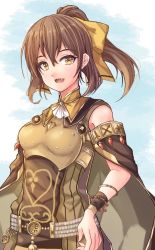 Rule 34 | 1girl, armor, bare shoulders, bow, bracelet, breastplate, brown cape, brown dress, brown eyes, brown hair, cape, delthea (fire emblem), dress, fang, fire emblem, fire emblem echoes: shadows of valentia, fire emblem heroes, fuussu (21-kazin), hair bow, hair ribbon, jewelry, light blush, long hair, looking at viewer, nintendo, open mouth, ponytail, ribbon, sky, smile, solo, striped clothes, striped dress, vertical-striped clothes, vertical-striped dress, yellow ribbon