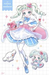 Rule 34 | 1girl, :o, aikatsu!, aikatsu! (series), argyle, artist name, blue bow, blue bowtie, blue cape, blue dress, blue eyes, blue footwear, blunt bangs, blush, boots, bow, bowtie, cape, capelet, champagne flute, character name, chibi, cinnamoroll, cup, dress, dress bow, drill hair, drink, drinking glass, drinking straw, frilled dress, frilled gloves, frills, full body, fur-trimmed cape, fur trim, glass, gloves, green eyes, grid background, hand on own chest, hat, highres, holding, holding cup, jewelry, lolita fashion, looking at viewer, mini hat, mini top hat, multicolored clothes, multiple views, open mouth, pantyhose, pink bow, pink bowtie, pink cape, pink headwear, ribbon, roi, sanrio, see-through, shoes, sidelocks, signature, smile, sparkle, standing, tilted headwear, todo yurika, top hat, twin drills, twintails, two-sided cape, two-sided fabric, white background, white gloves, white hair, white pantyhose
