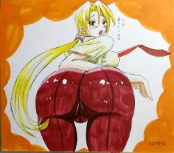 Rule 34 | 00s, 1girl, artist name, artist request, ass, bent over, blonde hair, blush, bow, breasts, fang, female focus, from behind, green eyes, hair bow, huge ass, kuroi nanako, large breasts, long hair, looking back, lucky star, necktie, open mouth, pants, ponytail, shirt, sideboob, solo, traditional media, translation request