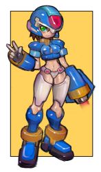 Rule 34 | 1girl, aile (mega man zx), arm cannon, boots, breasts, brown hair, cleavage, closed mouth, covered erect nipples, dakusuta, gloves, green eyes, helmet, highres, looking at viewer, mega man (series), panties, robot ears, short hair, shorts, smile, solo, third-party edit, underwear, v, weapon