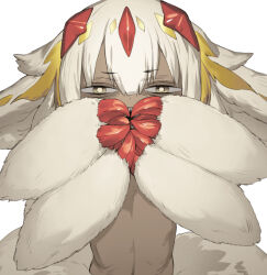 Rule 34 | 1girl, animal ears, bright pupils, brown eyes, claws, commentary, covering own mouth, dark-skinned female, dark skin, english commentary, extra arms, faputa, fewer digits, half-closed eyes, horns, looking at viewer, made in abyss, monster girl, open mouth, own hands together, sharp teeth, simple background, solo, soosaresu, teeth, upper body, white background, white fur, white hair, white pupils