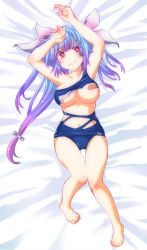 Rule 34 | 10s, 1girl, arms up, bandaid, bandaids on nipples, barefoot, bed sheet, blue hair, dakimakura (medium), full body, gradient hair, i-19 (kancolle), kantai collection, long hair, looking at viewer, lying, multicolored hair, navel, on back, one-piece swimsuit, pasties, pink hair, school swimsuit, solo, star-shaped pupils, star (symbol), swimsuit, symbol-shaped pupils, torn clothes, torn swimsuit, twintails, wavy mouth, yumi yumi