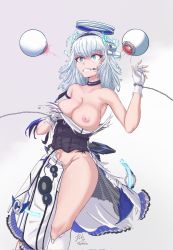Rule 34 | black choker, breasts, chain, choker, cleavage, covering privates, covering breasts, dress, floating, floating object, gloves, highres, kamishiro rita, large breasts, nipples, one breast out, prism project, surprised, tears, thick thighs, thighs, torn clothes, torn dress, virtual youtuber