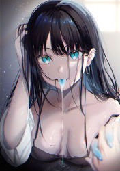 Rule 34 | 1girl, absurdres, arm up, black hair, blue eyes, blue skin, blue tongue, breasts, camisole, collarbone, colored skin, colored tongue, ear piercing, earrings, hand in own hair, highres, holding hands, huge filesize, jewelry, long hair, looking at viewer, medium breasts, off shoulder, original, piercing, pov, saliva, saliva trail, shirt, strap slip, tongue, tongue out, upper body, white shirt, yufou