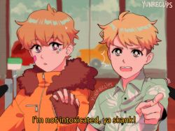 Rule 34 | 1990s (style), 2boys, artist name, bandaid, bandaid on face, blonde hair, brown gloves, butters stotch, buttons, collared shirt, fingernails, floral print, gloves, hair between eyes, holding hands, hood, hoodie, kenny mccormick, koyuxim, long sleeves, multiple boys, orange hoodie, pointing, print shirt, retro artstyle, scar, scar across eye, scene reference, shirt, short sleeves, south park, sticker on face, teeth, upper teeth only, zipper