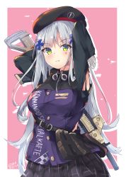Rule 34 | 1girl, :t, absurdres, arms up, assault rifle, bad id, bad pixiv id, belt, belt pouch, beret, black hat, black skirt, breasts, buttons, closed mouth, commentary request, cross hair ornament, facial mark, girls&#039; frontline, gloves, goggles, green eyes, gun, h&amp;k hk416, hair ornament, hat, highres, hk416 (girls&#039; frontline), large breasts, long hair, long sleeves, looking at viewer, military, military uniform, miniskirt, mushpz, name connection, object namesake, pleated skirt, pouch, pout, rifle, shirt, silver hair, skirt, solo, torn clothes, torn shirt, two-tone background, uniform, upper body, very long hair, weapon, weapon on back, white gloves