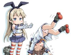 Rule 34 | &gt; &lt;, 2girls, blue eyes, blush, blush stickers, brown hair, commentary request, dress, elbow gloves, flying sweatdrops, gloves, hairband, ham (points), kantai collection, kneehighs, long hair, midriff, miniskirt, multiple girls, navel, neckerchief, panties, pantyshot, pleated skirt, rensouhou-chan, sailor collar, shimakaze (kancolle), shoes, short hair, skirt, socks, striped clothes, striped legwear, striped thighhighs, thighhighs, underwear, white dress, white gloves, white panties, yukikaze (kancolle)