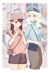 Rule 34 | !, 2girls, absurdres, bag, black shorts, blue eyes, blue shirt, border, brown hair, brown hat, city, closed mouth, commentary, cowboy shot, diana cavendish, drinking straw, drinking straw in mouth, green hair, handbag, hat, highres, kagari atsuko, little witch academia, long hair, looking at another, multiple girls, outdoors, outside border, pink sweater, purple eyes, shirt, short sleeves, shorts, sleeveless, sleeveless sweater, smile, sweater, symbol-only commentary, tiku (ttcwf03), white border, white shirt