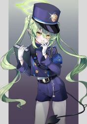 Rule 34 | 1girl, absurdres, belt, black belt, black hat, black jacket, black shorts, black tail, blue archive, blush, buttons, cowboy shot, demon tail, double-breasted, g1 (user tjwy5444), gloves, green hair, green halo, grin, hair between eyes, halo, hat, nozomi (blue archive), highres, jacket, long hair, long sleeves, looking at viewer, pantyhose, peaked cap, pointy ears, shorts, smile, solo, tail, twintails, white gloves, white pantyhose, yellow eyes