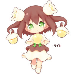 Rule 34 | 1girl, :o, aikei ake, blush, brown hair, brown shirt, capelet, chibi, full body, green eyes, hair between eyes, highres, holding, long hair, looking at viewer, original, parted lips, personification, shirt, shoes, simple background, skirt, solo, translation request, white background, white capelet, white footwear, white skirt
