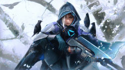 Rule 34 | 1girl, animal, animal on shoulder, armor, bare tree, bird, blonde hair, branch, brown hair, cloak, commentary, english commentary, gloves, gun, holding, holding gun, holding weapon, hood, hood up, hooded cloak, looking at viewer, original, realistic, ross tran, shoulder armor, sitting, snow, snowing, solo, tree, weapon, winter
