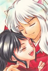 Rule 34 | 1boy, 1girl, anemone love, animal ears, black hair, closed eyes, dog ears, fang, fangs, father and daughter, han&#039;you no yashahime, highres, hug, inuyasha, inuyasha (character), japanese clothes, jewelry, kimono, long hair, moroha (inuyasha), necklace, open mouth, red kimono, tears, teeth, upper teeth only, white hair